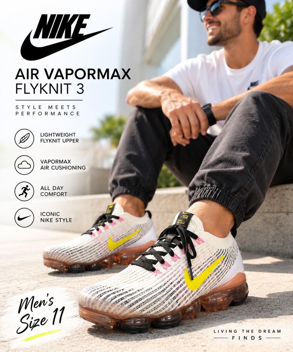 Nike Air VaporMax Flyknit 3 White Yellow Pink Black Men’s Size 11 AJ6900 103